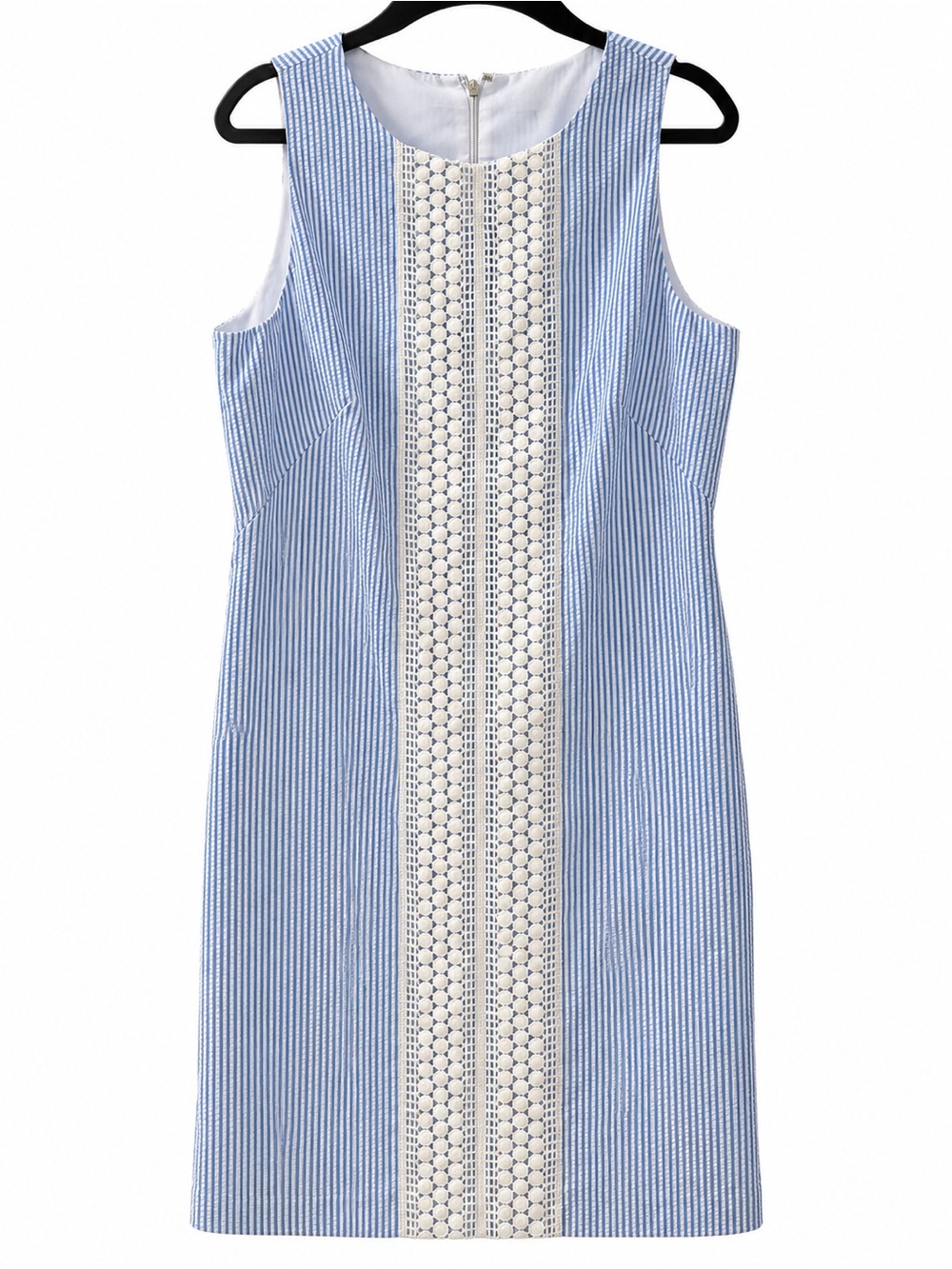 London Times Blue & White Striped Seersucker Lace Detail Sheath Dress – Size 12